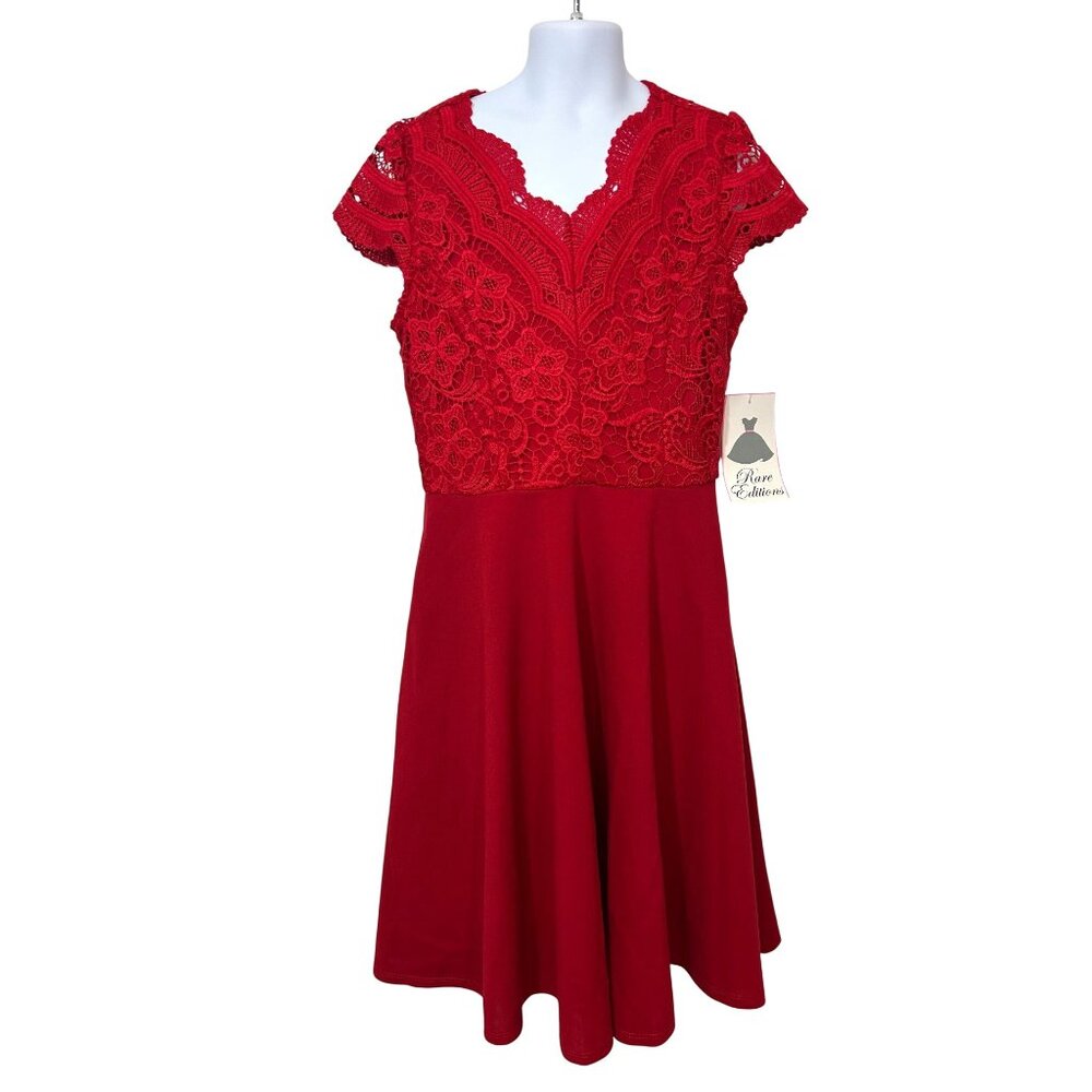 Rare Editions Girls’ Red Cocktail Dress 12 Cap Sleeves Lace Crepe Fit Flare